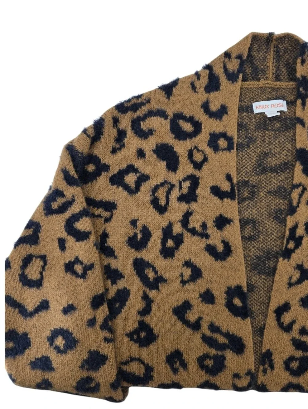 Knox Rose Leopard Open Front Fuzzy Soft Cardigan Women's Size Small Pockets